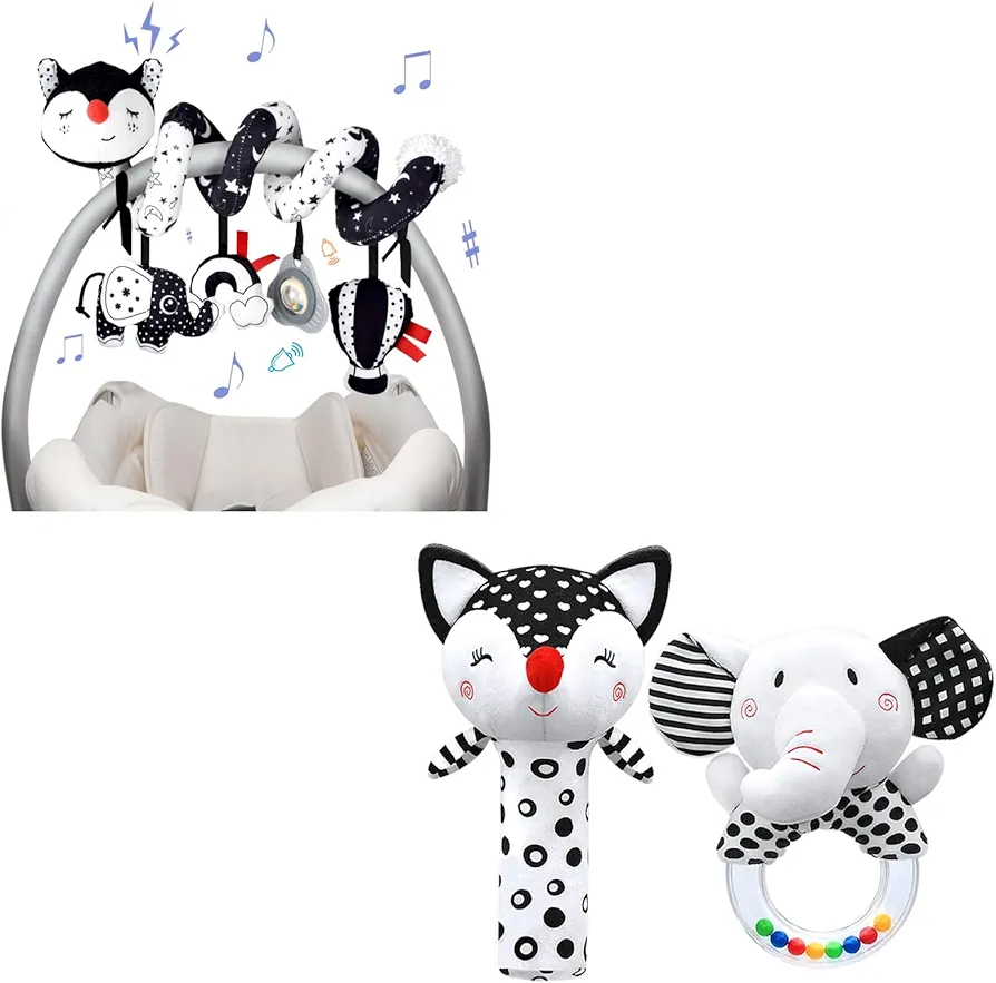 XIXILAND Musical Car Seat Toys Black and White Baby Toys 0-3 Months & Rattles for Babies 0-6 Months, Black and White High Contrast Plush Stuffed Baby Toys for 0 3 6 9 12 Months Girls Boys