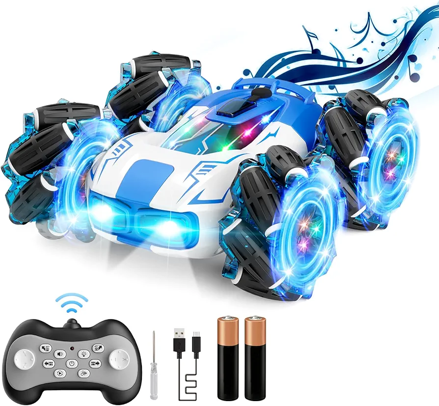 Remote Control Car, Drift Stunt Car, 2.4 GHz Double-Sided 360° Rotating RC Stunt Crawler with LED Lights, Music and Spray, 4WD Remote Control car Toy Gifts for Boys and Girls 6-12