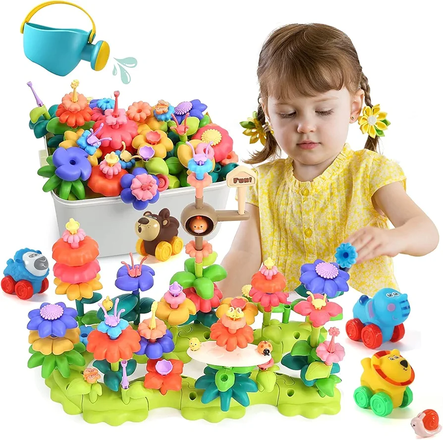 Flower Gardening Building STEM Toys Kids Garden Building Blocks Kit with Storage Case Animal Press& Go Cars-Pretend Gift for Girls Kids Toy - Educational Activity for Children Age 3 4 5 6 7 Year Old