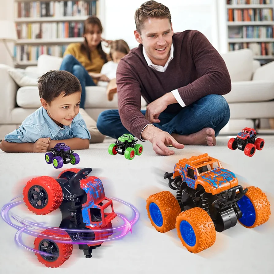 Monster Truck Toy for Boys 4 Pack 360° Rotating Stunt Push and Go Toy Car Pull Back Mini Car Friction Powered Inertia Drive Truck Toys for Kids 3+ Year Old Birthday