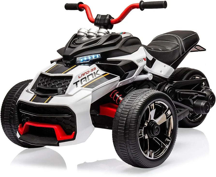 Kids ATV 3 Wheeler,Ride-On Electric ATV, 12V 7AH Ride On Toy with 400W Motor, 3-Wheeler Quad Car Toy w/Bluetooth Audio, 4.35mph Max Speed, Treaded Tires, Led Headlights,White