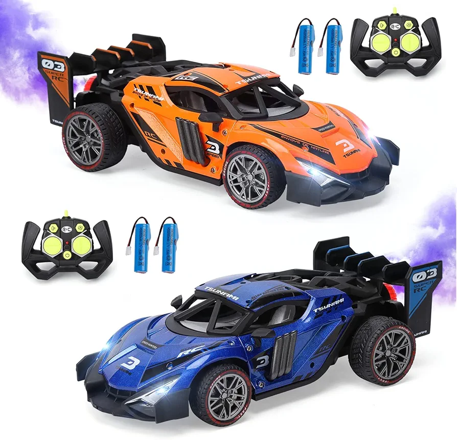 2 Pack Remote Control Drift Car with Spray and Light - Fog Mist High-Speed Racing Cars - 2.4GHz 4WD Off-Road Toy Vehicle - Perfect for Adults, Kids, Boys, and Girls - Blue and Orange