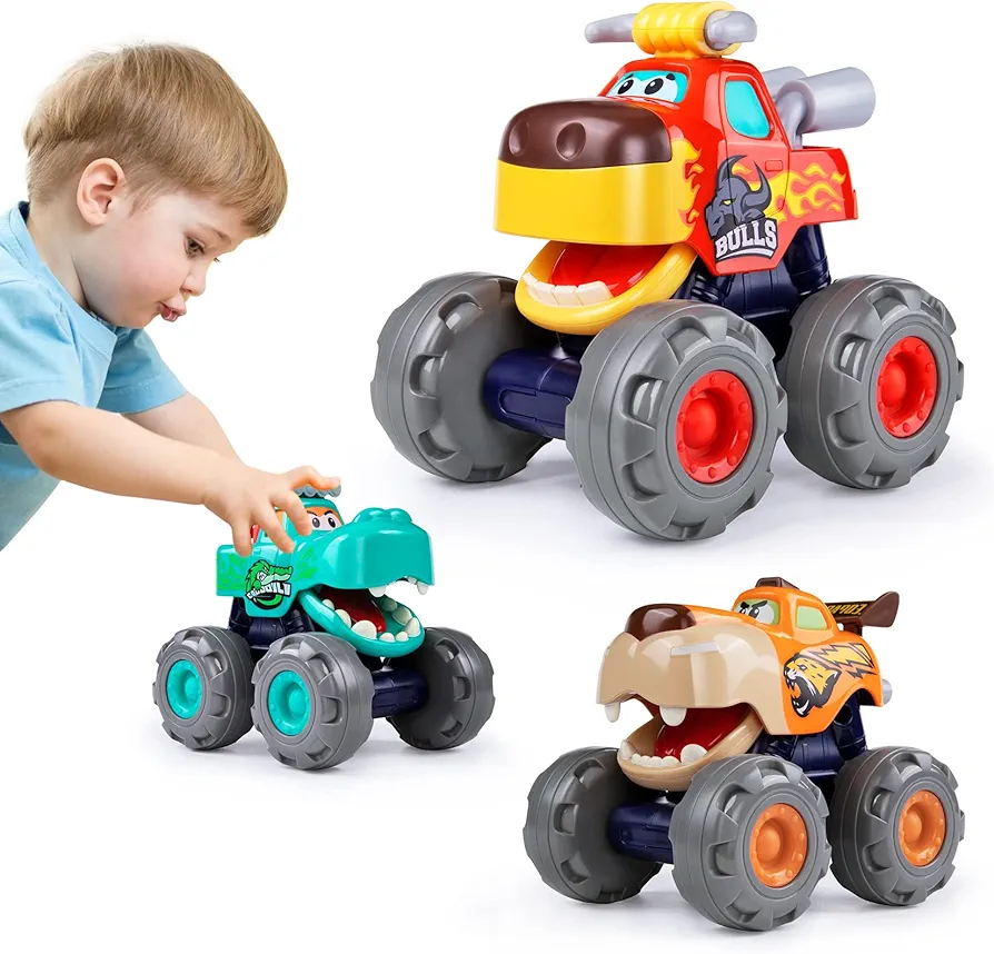 Toy Cars For 1 2 3 Year Old 3 Pack Monster truck Toy Push & Go Crocodile Friction Powered Bull Pull Back Leopard Car Big Wheel Animal Car Baby Toy Gift For 12 18 Month Boys Girls Toddlers