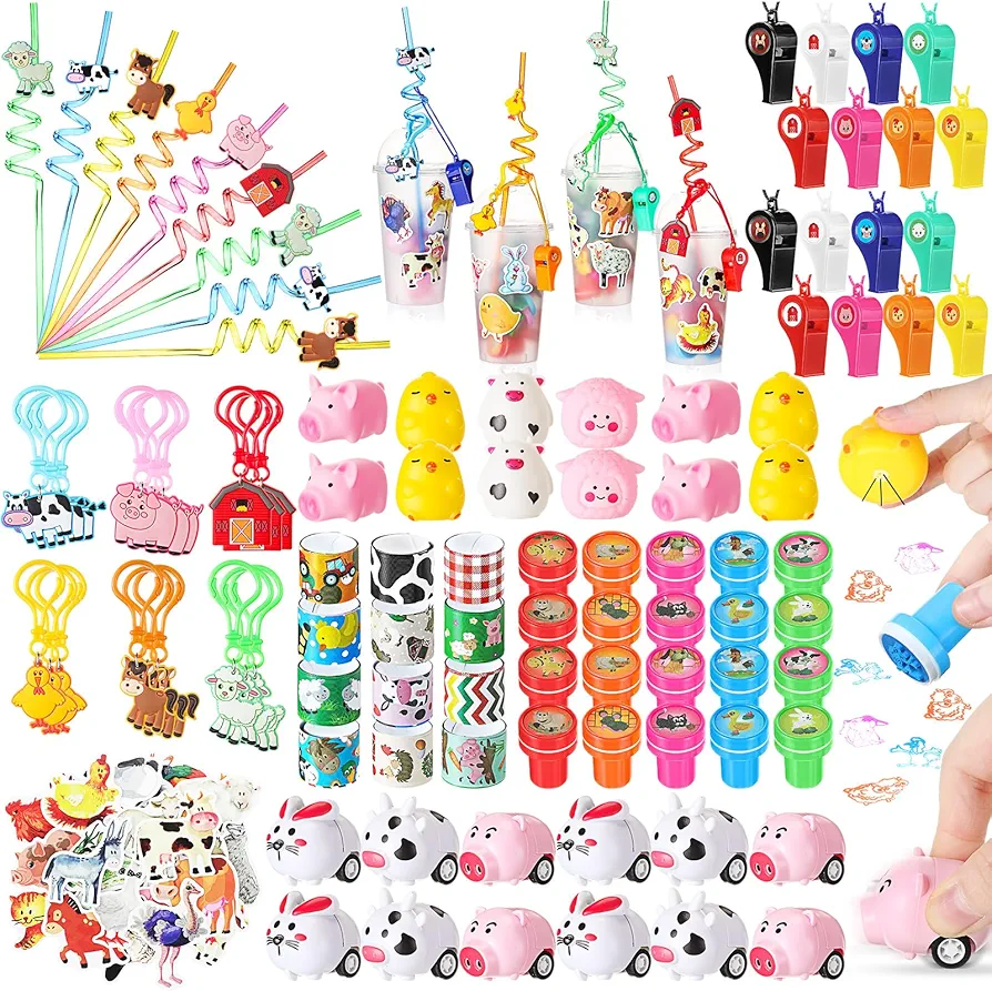 Threan 224 Pcs Farm Animals Party Favors Gift Cup Filler Set Barnyard Animals Straw Keychain Mini Rubber Toys Pull Back Car Slap Bracelet Stamper Whistle Sticker for Farm Animals Birthday Party Decor