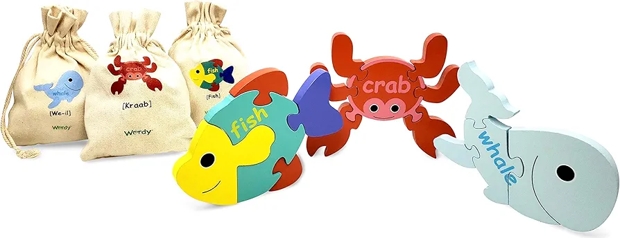 The Wordy Sea - 6 Piece Wood Bilingual Puzzle Set for Toddlers - Early Childhood Education Montessori Language and Fine Motor Skills Toys. (English/Mandarin)