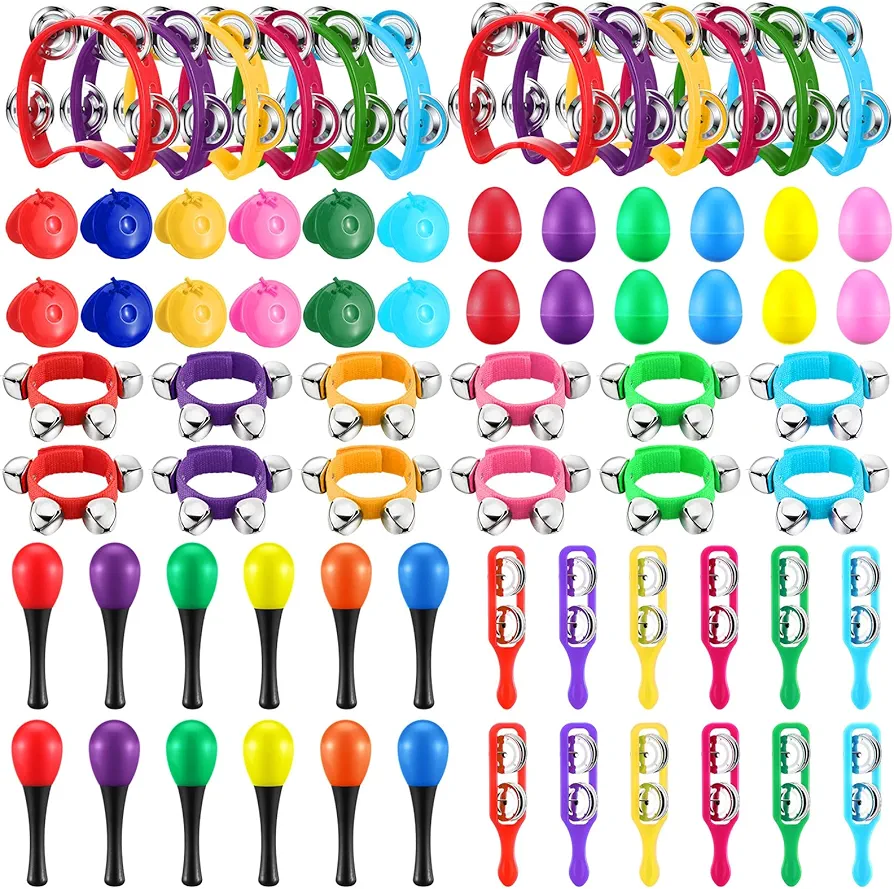 72 Pcs Shaker Musical Instruments for Kids, Egg Shaker, Wrist Hand Band Bells, Maracas Shakers, Percussion Tambourine, Cymbals, Plastic Castanets for Preschool Early Music Learning Toy