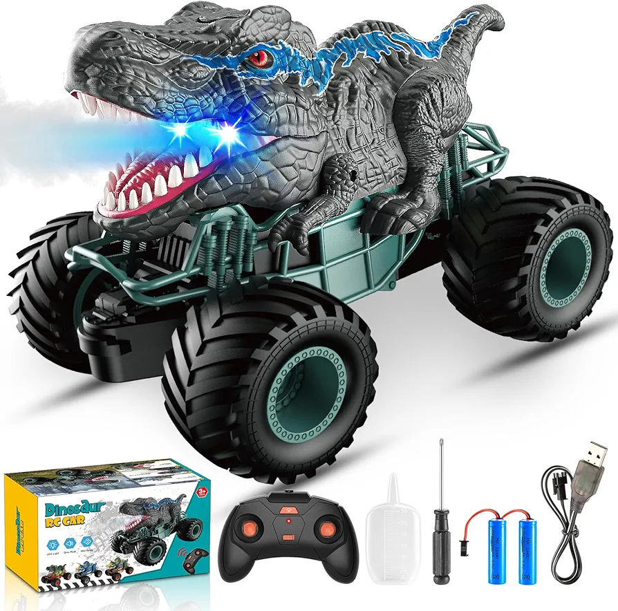 Dinosaur Toys for Boys, Dinosaur Remote Control Cars, 1:16 RC Cars Scale Monster Truck Toys with Spray, Roar Sound & Lights, Dinosaur Toys for 3 4 5 6 7 8 9 Year Old Boys Girls, Toys Cars (Grey)