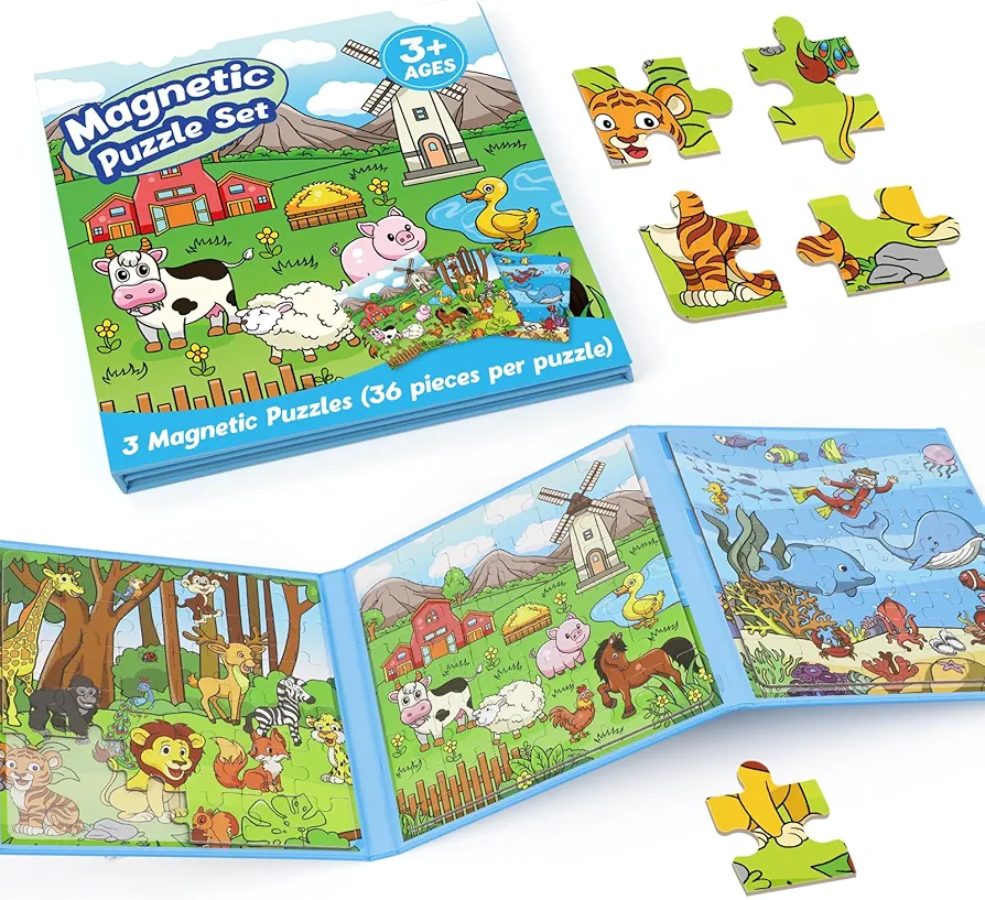 Magnetic Puzzles for Toddlers 3-5,36 Pieces Travel Puzzles Games for Kids,Airplane Car Road Trip Activities,Activity book,Animal Magnet Toys for 3 4 5 6 Year Old Boys Girls Birthday