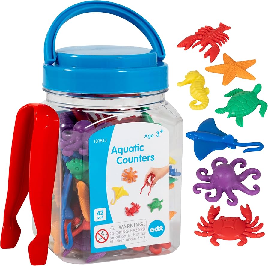 edxeducation-13151 Aquatic Counters - Mini Jar Set of 42 - Learn Counting, Colors, Sorting and Sequencing - Math Manipulative for Kids