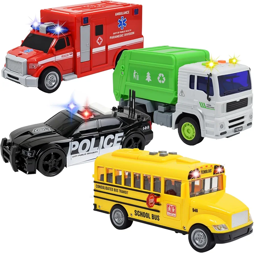 4 Pack Ambulance, Garbage Truck, School Bus, Police Car Toy, Vehicles Toy Set Toddlers Cars | Friction Powered with Realistic Lights and Sounds