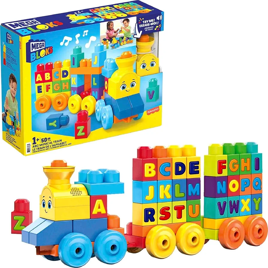 MEGA BLOKS First Builders Toddler Building Blocks Toy Set, ABC Musical Train with 50 Pieces, Music and Sounds, Ages 1+ Years