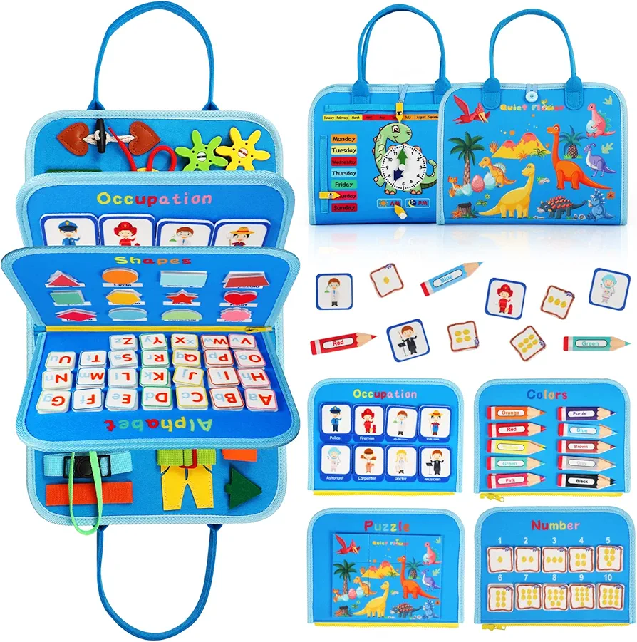 Toddler Busy Board for 1 Years Old, Montessori Learning Toys Busy Book for Toddlers 1-3 Educational Activity Basic Dress Motor Skills, Kids Birthday Gift for 2-4 Boy Airplane Car Travel Essentials