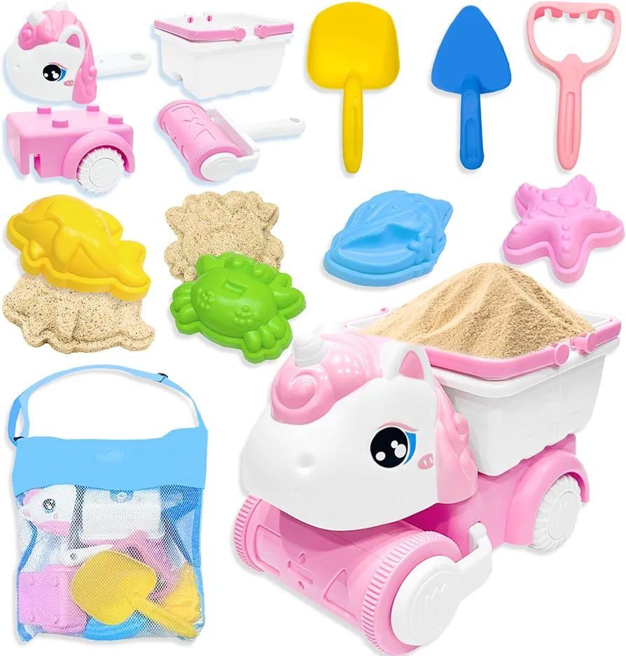 Beach Toys Set, 4 in 1 Unicorn Detachable Car, Sand Shovels & Marine Animals Sand Molds with Mesh Bag, Outdoor Travel Sand Toys for Kids Toddlers Boys Girls Age 3-10