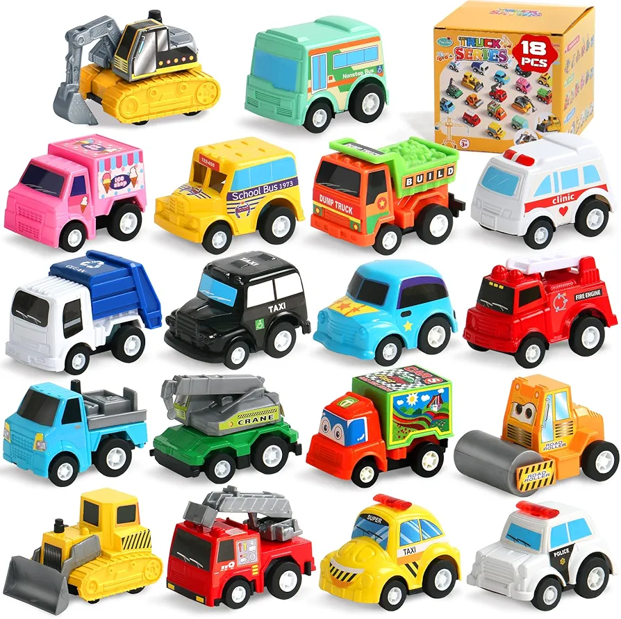 Fajiabao 18 Pcs Toy Car Mini Pull Back Cars Toy Trucks for Toddlers 1-3 Party Favors Bulk Small Construction Toys for Kids Carnival Prizes Pinata Stuffers Birthday Gift for 2 3 4 5 6 Boys Girls