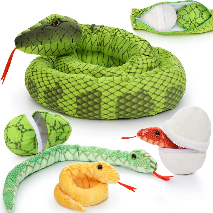 Tezituor Giant Realistic Snake Stuffed Animal, Large 80 Inches Long Green Boa Constrictor Plush Toy, Mommy Snake with 3 Cute Babies & 2 Eggs Gift for Boys Girls