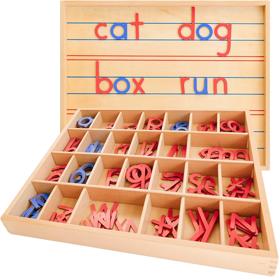 Movable Alphabet Montessori Wooden Letters- Moveable Alphabet with Box Letter Mats - Lower Case Letters - Writing, Reading, Spelling, and Language Learning Materials (Red and Blue)