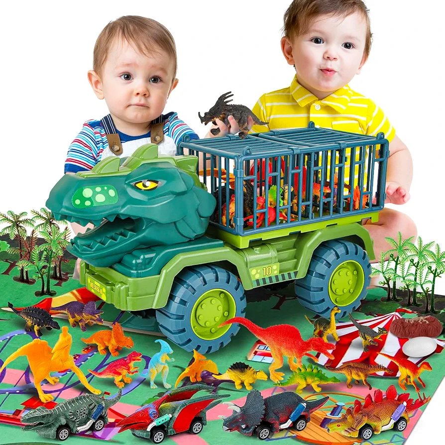 Dinosaur Truck Toy,Tyrannosaurus Transport Car Carrier Truck with 15 Dino Figures, 4 Dinosaur Tanks, Activity Play Mat, Dinosaur Eggs, Dino Car Playset – Ideal for Kids, Boys, and Girls