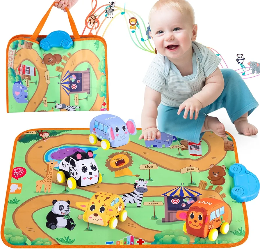 New Pull Back Vehicle & Music Mat Set, Soft Baby Toy Set with 4 Cute Animal Cars and Touch Play Blanket, New Interactive Mode, Folding and Storage 2-in-1, First Birthday Gifts for Toddler Toys 1-3