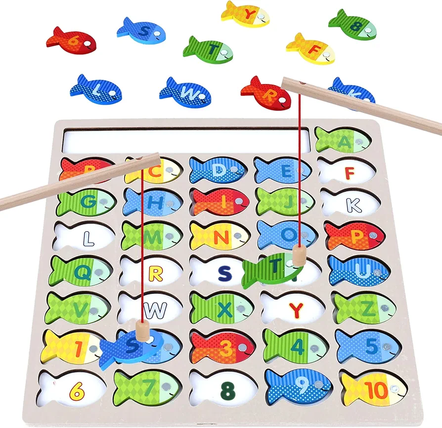 LovesTown Wooden Magnetic Fishing Game Toy for Toddlers, Alphabet Fish Catching Counting Games Puzzle Montessori Fine Motor Skills Toy for Kids Birthday Gift