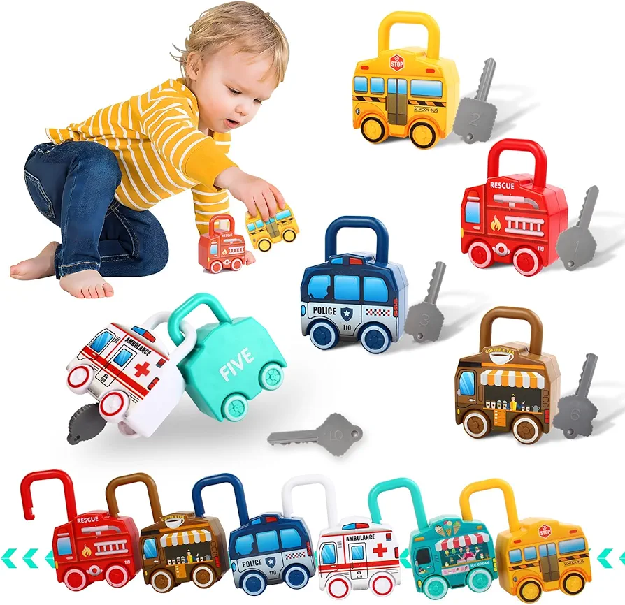 Lock and Key Car Toys for Toddlers 1-3, Sensory Numbers Matching & Sorting, Early Learning Toy, Montessori Educational Toys for Ages 3 yrs+ Boys and Girls Preschool Games Gifts