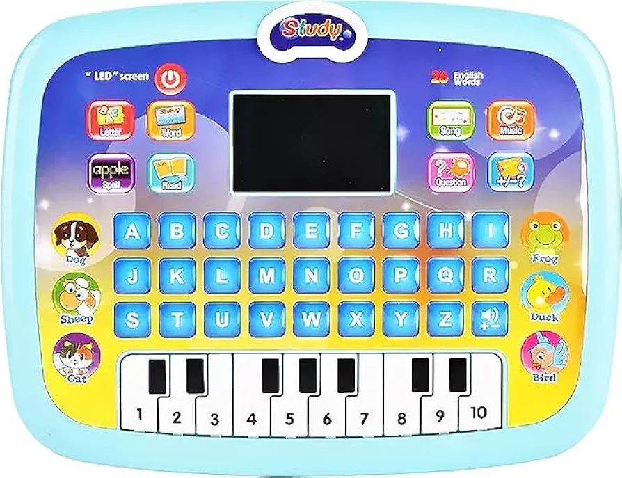 Tablet for Kids Educational Computer Interactive Audio and Video Teaching Aids 3+ Years Learning Pad Numbers Letters Words Math Spelling Read Song Music Questions Answers LED Screen Piano (Blue)