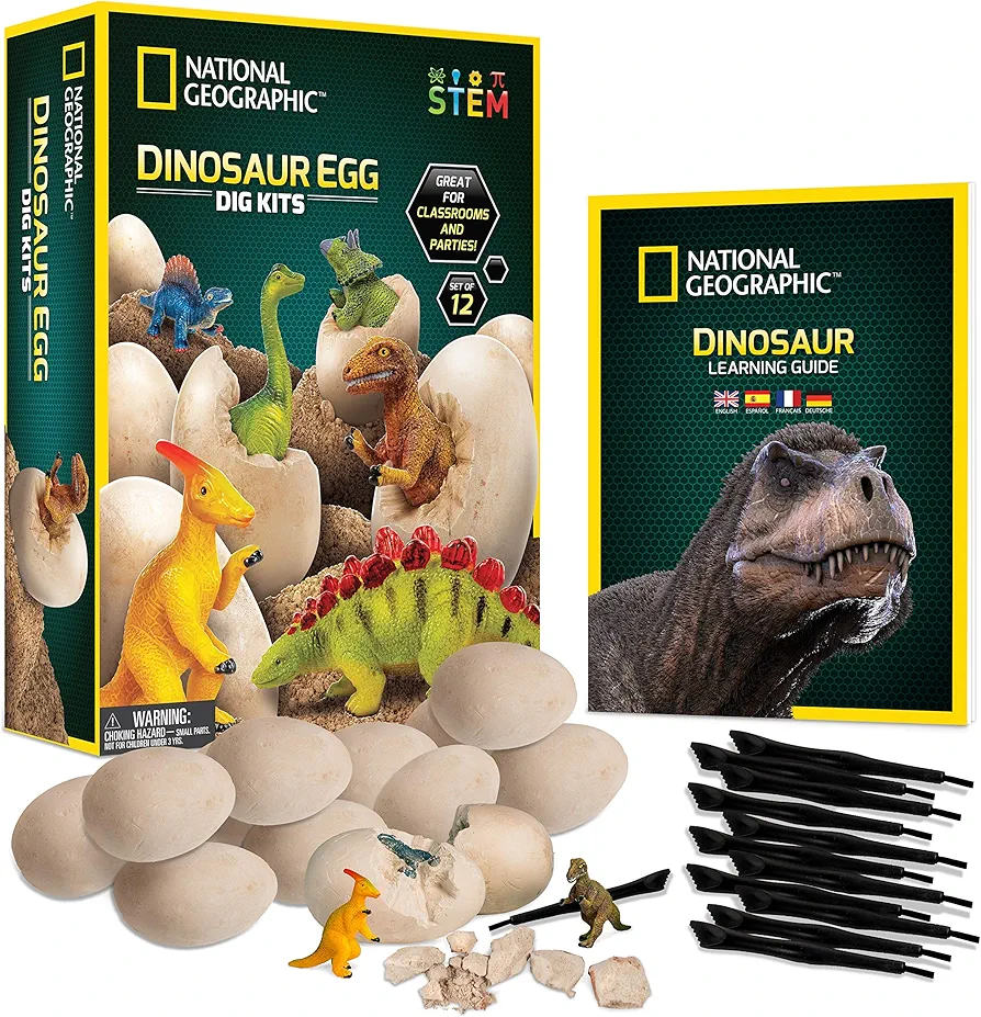 NATIONAL GEOGRAPHIC Dinosaur Dig Kit - 12 Dino Shaped Dig Bricks with Dinosaur Figures Inside & Excavation Tool Sets, Egg Hunt or Dig Party Activity, Great STEM Toy for Boys & Girls