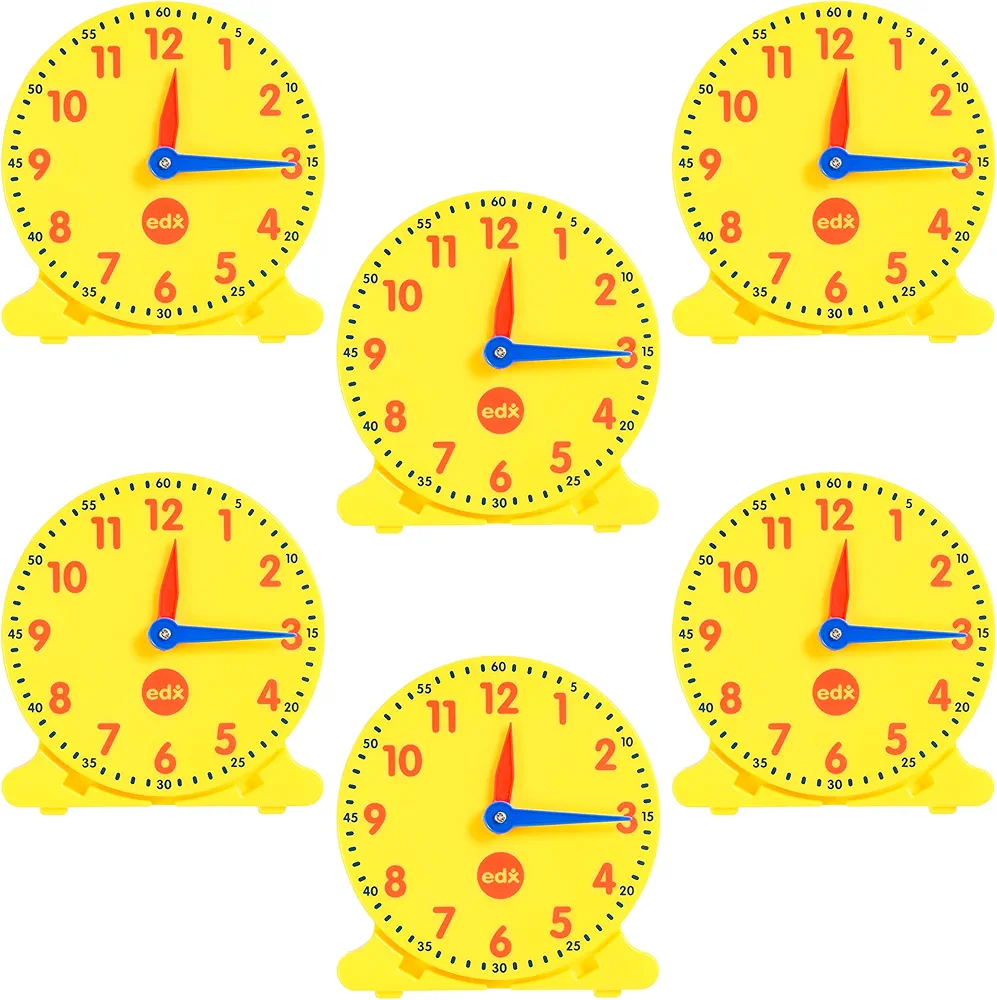 edxeducation Student Clocks - Set of 6 - Clock for Kids Learning to Tell Time - Analog Clocks with Movable Hands to Teach Children Minute and Hour Relationships