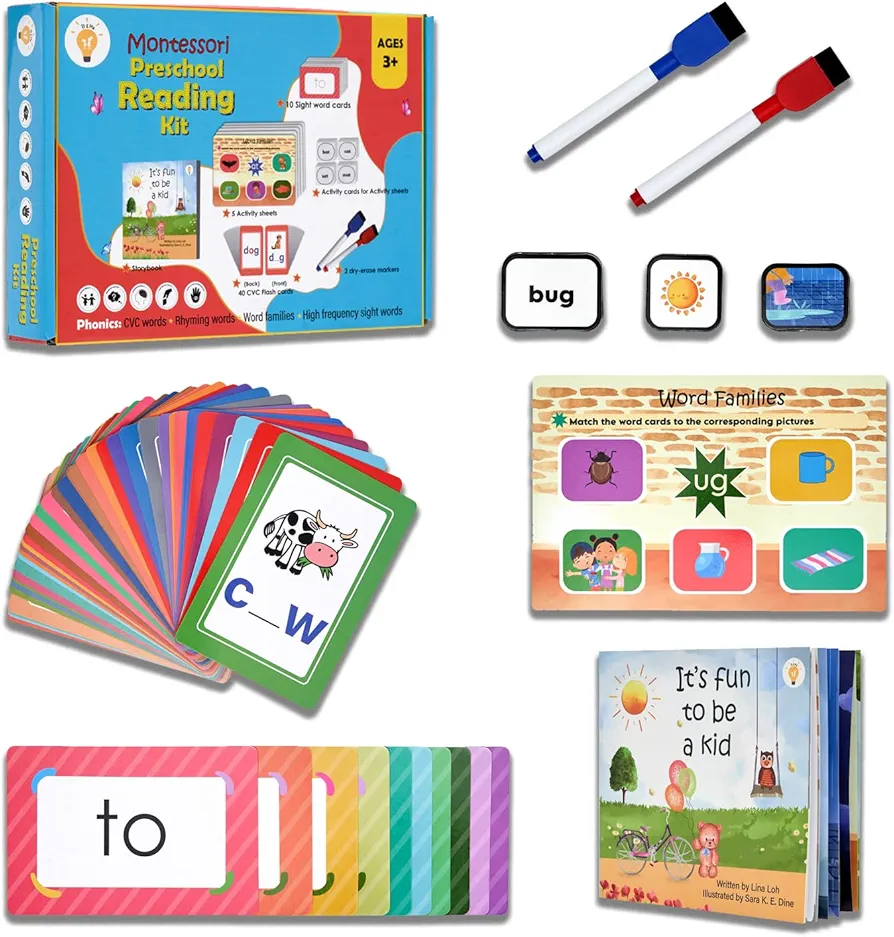 Preschool Pre-K Kindergarten Reading Kit| Montessori Toys for 3 Year olds+ |Preschool Learning Activities| Busy Book for Toddlers| Early Learning Resources| Flash Cards with CVC Words| Learn to Read