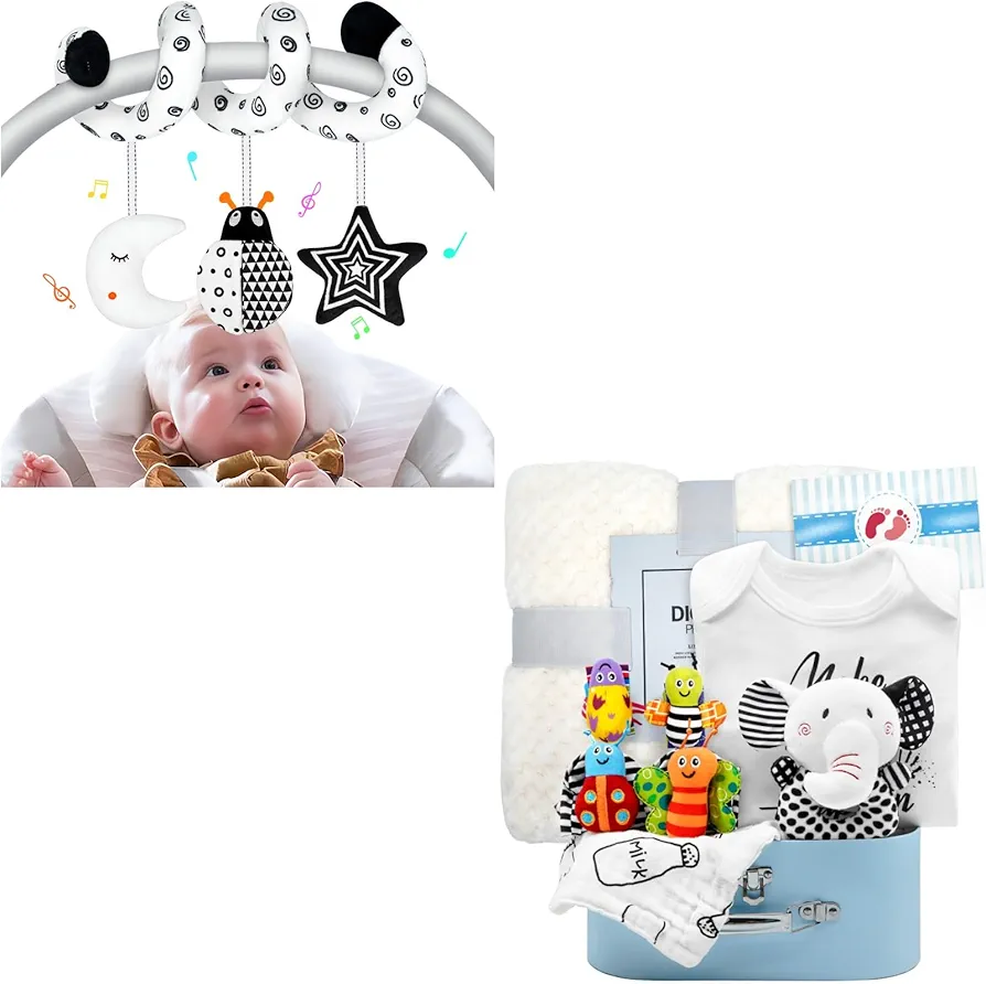 XIXILAND Baby Shower Gifts Baby Girls Boys Gifts 10Pcs Baby Gift Basket & Car Seat Toys for Babies 0-6 Months, Black and White High Contrast Baby Toys 0-3 Months