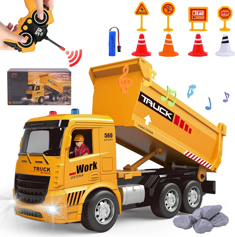 Kids Toys Cars - Present for 5+ Year Old Boy - Remote Control Dump Truck Toy with Activity Barricade, Rechargable, Construction-Car-Vehicle Toy for 6 7 8 9 Year Old Boys and Girls, for Birthday Xmas