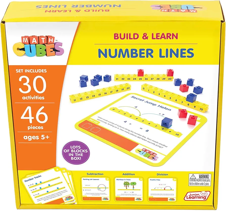 Junior Learning: Mathcubes - Number Lines - 30 Activity Set, Build & Learn, Blocks & Boards Hands On Math, Developmental & Education Set, Kids Ages 4+