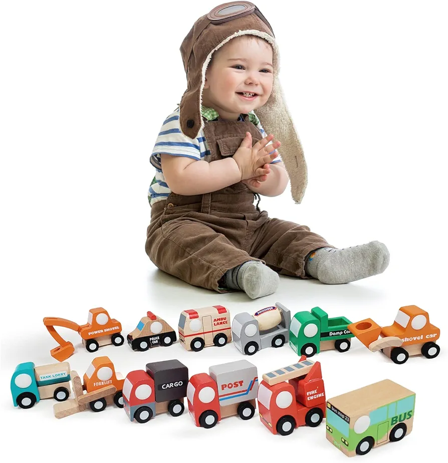 12 Pcs Wooden Toy Car Set for Kids - Montessori Toy Vehicle Set - Mini Police Car, Fire Truck, Ambulance Set - Wood Car Set for Skill and Motor Development, Smooth, No Rough Edge