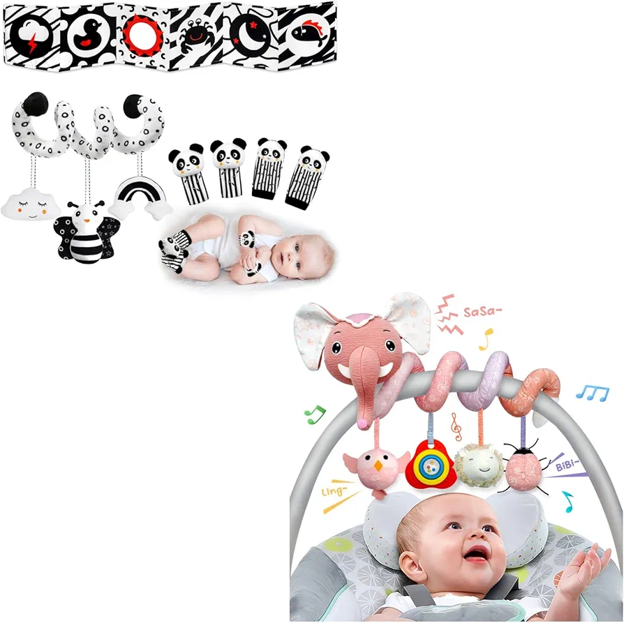 XIXILAND 3Pcs Black and White Baby Toys 0-3 Months & Colorful Musical Car Seat Toys, Stroller Toys Infant Toys 0-6 Months Crib Toys, Sensory Montessori Toys for 0 3 6 9 12 Months Boys Girls