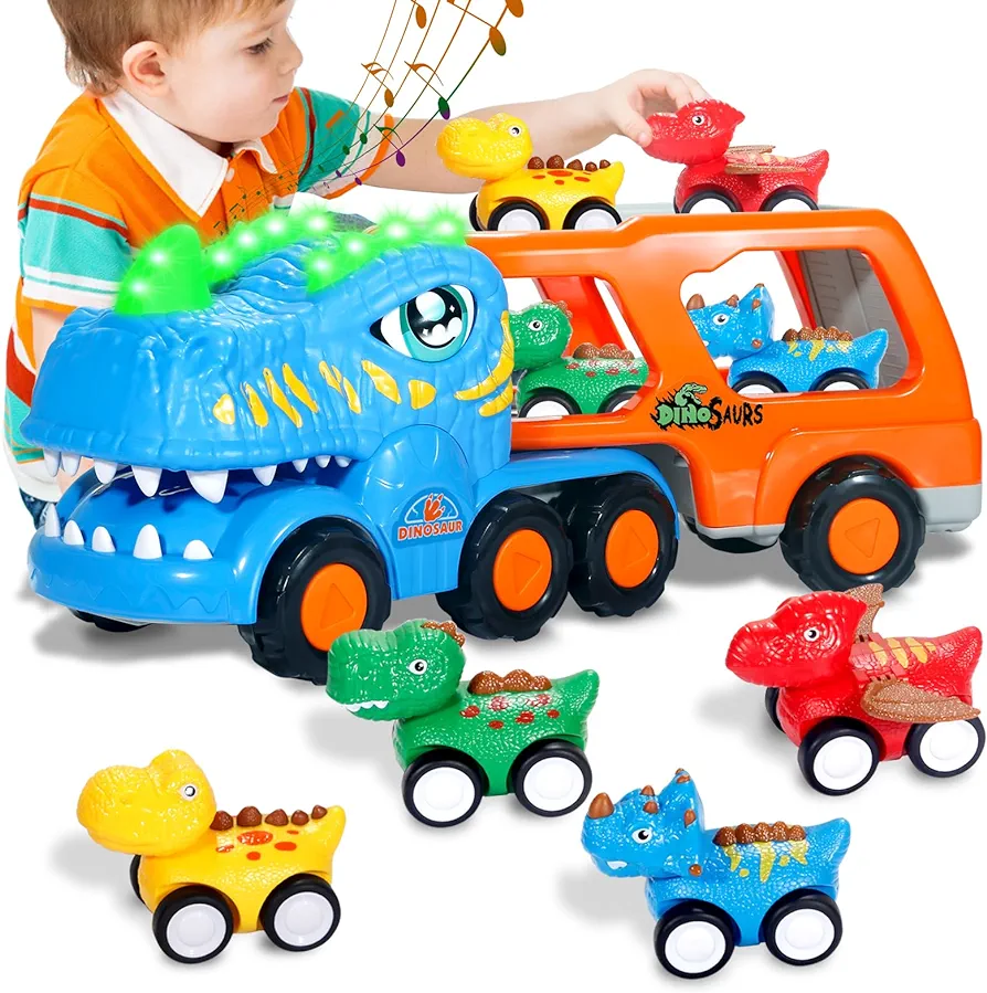 Dinosaur Truck for Kids 1 2 3 4, 5-in-1 Dinosaur Transport Carrier Truck with Music & Flashing Lights & Dinosaur Roars, 4 Mini Dinosaur Car Vehicles Toddler Toys for Boys,Boy Girl Gifts Ages 1-5