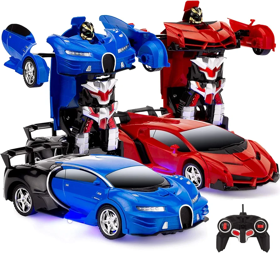 Best Choice Products Set of 2 1/18 Scale Interactive RC Remote Control Transforming Drifting Robot Sports Car Action Figure Toys w/ 1 Button Transformation, Light and Sounds