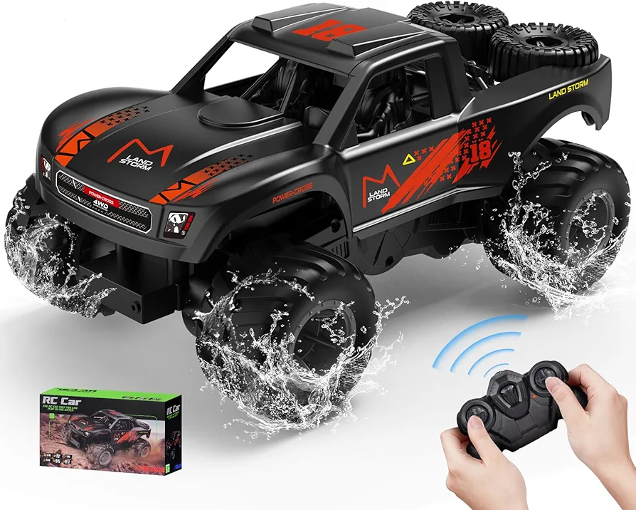 Remote Control Truck Amphibious for Boys Age 8-14 Adults 4WD Off Road RC Monster Cars Vehicles Waterproof Little Outdoor Toys for Kids 4x4 Original All Terrain Hobby Drift Car (Orange)