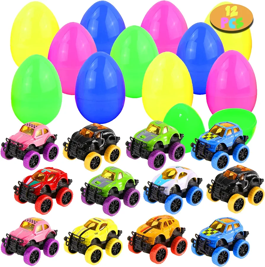 12 Pcs Prefilled Easter Eggs Filled with Pull Back Monster Cars Toys for Boys, Easter Egg with Trucks Toys for Kids, Easter Basket Stuffers, Easter Party Favors