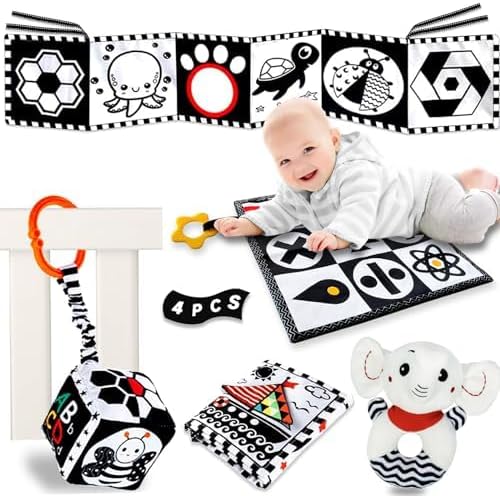 4 PCS Black White Baby Toys: High Contrast Baby Toys for Newborn 0-3 0-6 6-12 Months Infant Development Tummy Time Toys for Babies 1 2 4 5 7 8 9 10 11 Month Montessori Soft Cloth Book Birthday Gifts