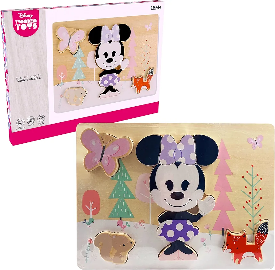 Just Play Disney Wooden Toys Minnie Mouse 8-Piece Puzzle, Early Learning and Education, Pretend Play, Kids Toys for Ages 18 Month