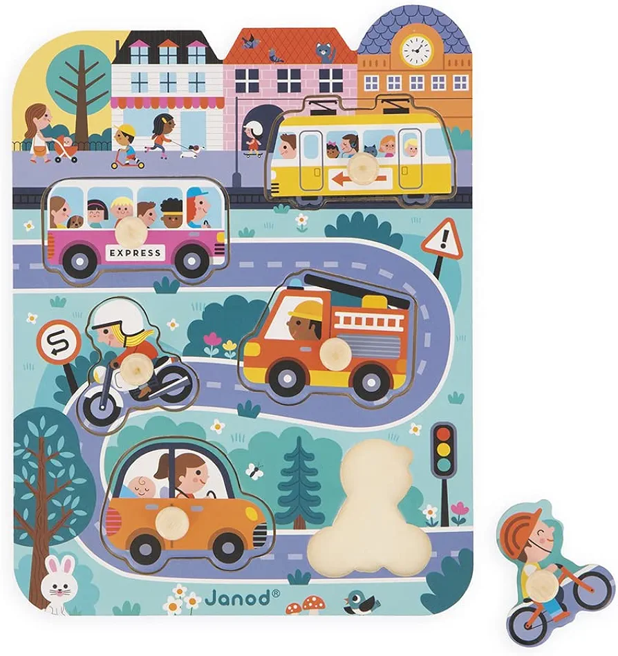 Janod - Babies’ Wooden Puzzle - 6 Pieces with Pegs - City Theme - Recessed Puzzle - Early-Learning Toy - 18 Months + J07106