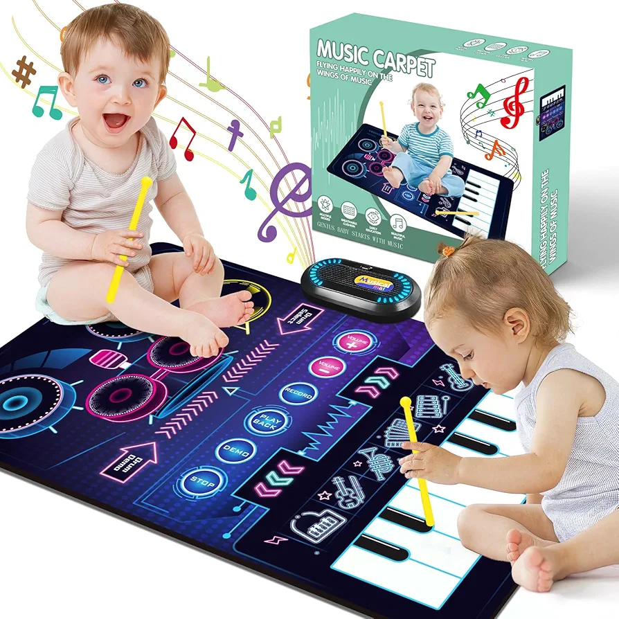 Musical Mat Baby Toys for 1 Year Old Boys, BAIAI 2 in 1 Keyboard & Drum Mat with 2 Sticks Learning Piano Mat Educational Music Toys for Toddlers Age 1 2 3 Year Old Boys Girls Easter Birthday Gifts