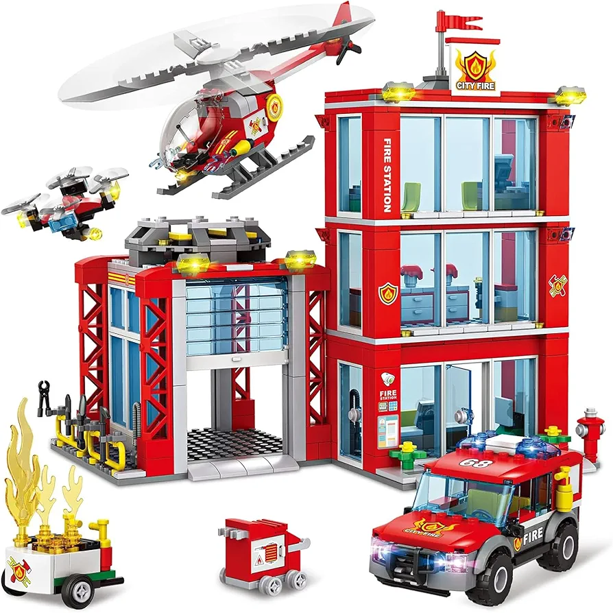 City Fire Station Building Blocks Set with Fire Truck, Fire Rescue Helicopter,Drone & Fire Engine Toys,Fire Command Center Playset, Firefighters Roleplay Toy Gifts for Kids Boys Girls Ages 6+(744PCS)