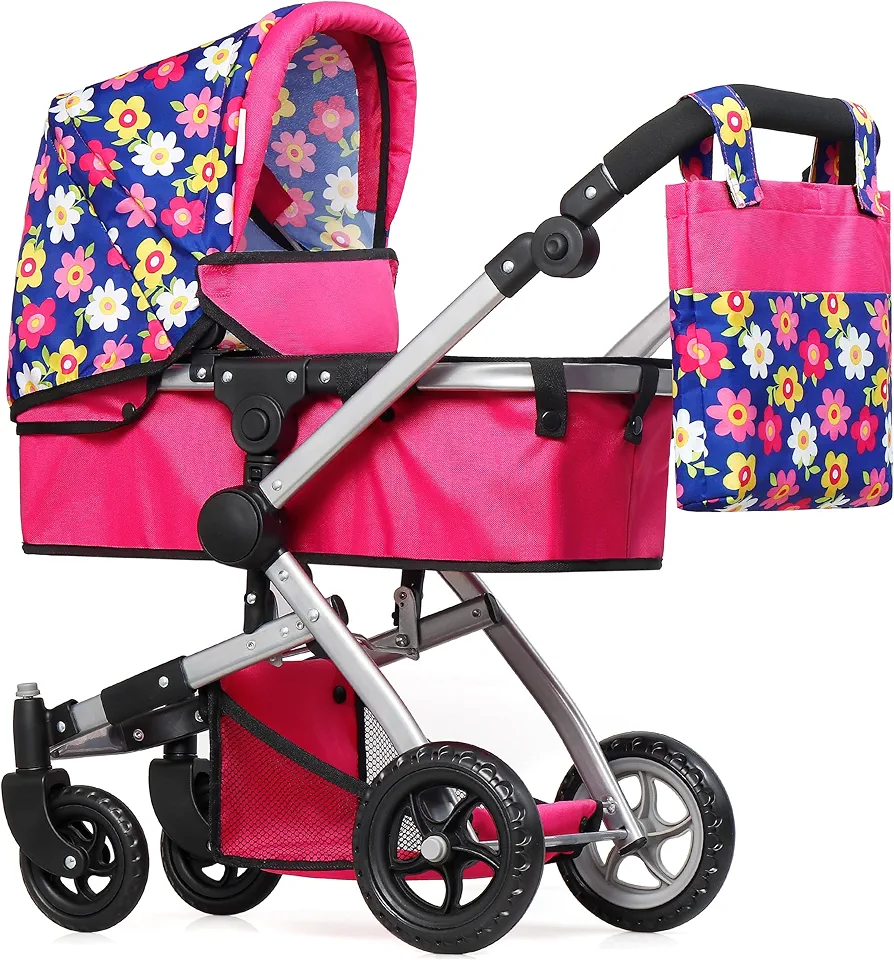 Fash N Kolor | Foldable Pram for Baby Doll with Flower Design with Swiveling Wheel Adjustable Handle Bassinet Stroller with Baby Doll, Convertible Seat, and Basket, and Free Carriage Bag