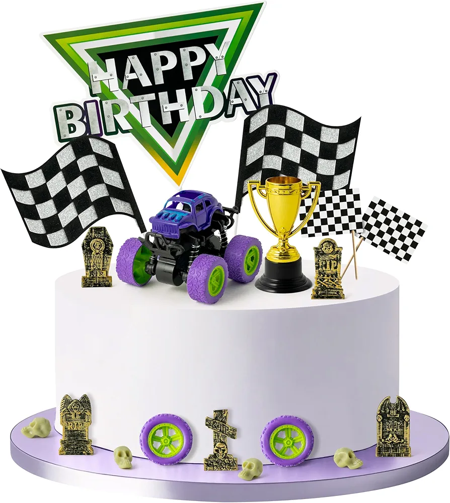 Haooryx Green and Purple Monster Truck Cake Toppers 40Pcs Monster Truck Racing Car Cake Decoration Birthday Dessert Cupcake Cake Topper Decor for Kids Theme Birthday Party Baby Shower Decor Supplies