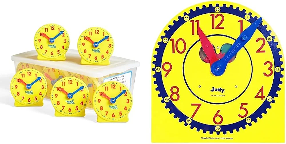 hand2mind Mini Geared Clock for Kids Learning Time (Set of 24) and Carson Dellosa 13" x 12" Judy Clock for Teaching Time