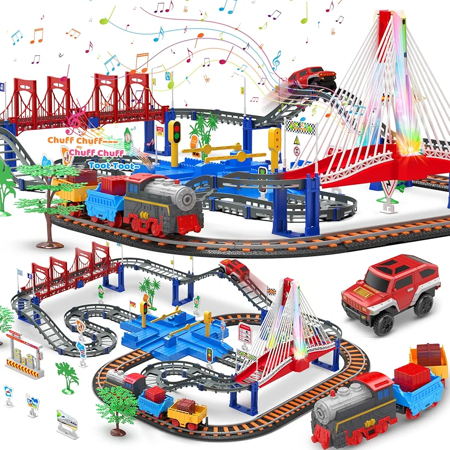 Train Car Sets for Toddlers, Train Track Set with LED Bridge, Electric Car and Train Sets Toys for Boys 3 4 5 6 7 8 9 10 11 12 Year Old Kids, Train Toy Machine Kids Christmas Birthday Gifts