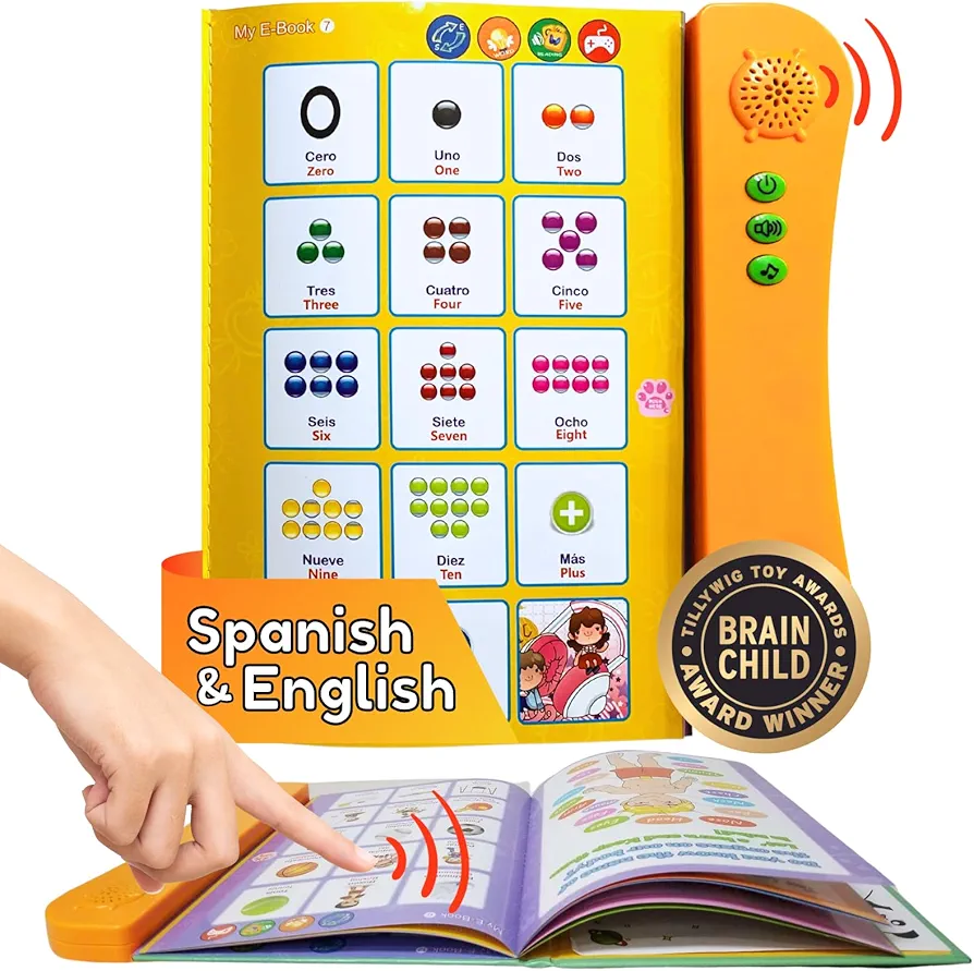 Spanish & English Talking Learning Book for Kids 2 3 4 5 6 Years Old, Interactive Audio Sound Books, Toddler Educational Toy to Learn Spanish, Electronic Bilingual Toys, Juegos para Niños