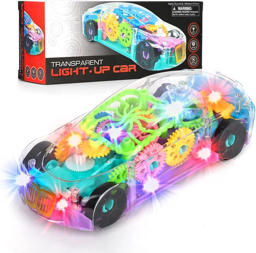 Light up Car, Sensory Transparent Toy for Kids, Toddlers - Bump and Go Racing Car with Moving Gears, Music, & LED Lights – Educational Vehicle for Kids with Autism, Special Needs – Fun Birthday Gift