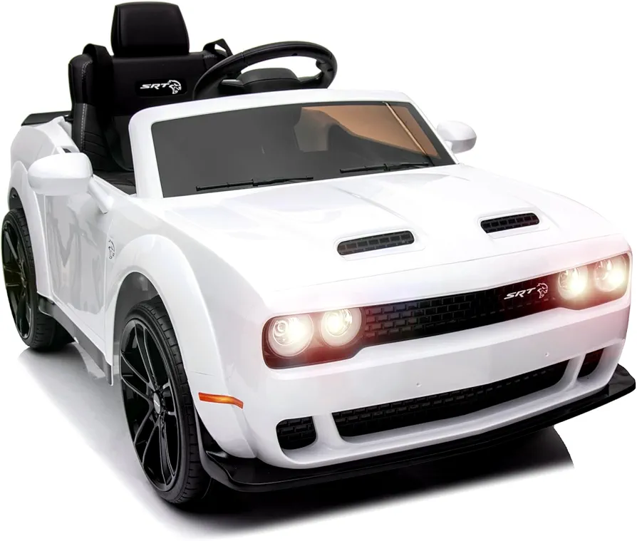 GAOMON Kids Electric Car Licensed Dodge Challenger Ride On Car 12V Electric Vehicles Battery Powered with Remote Control, LED Lights, Bluetooth, MP3 for Boys Girls, White