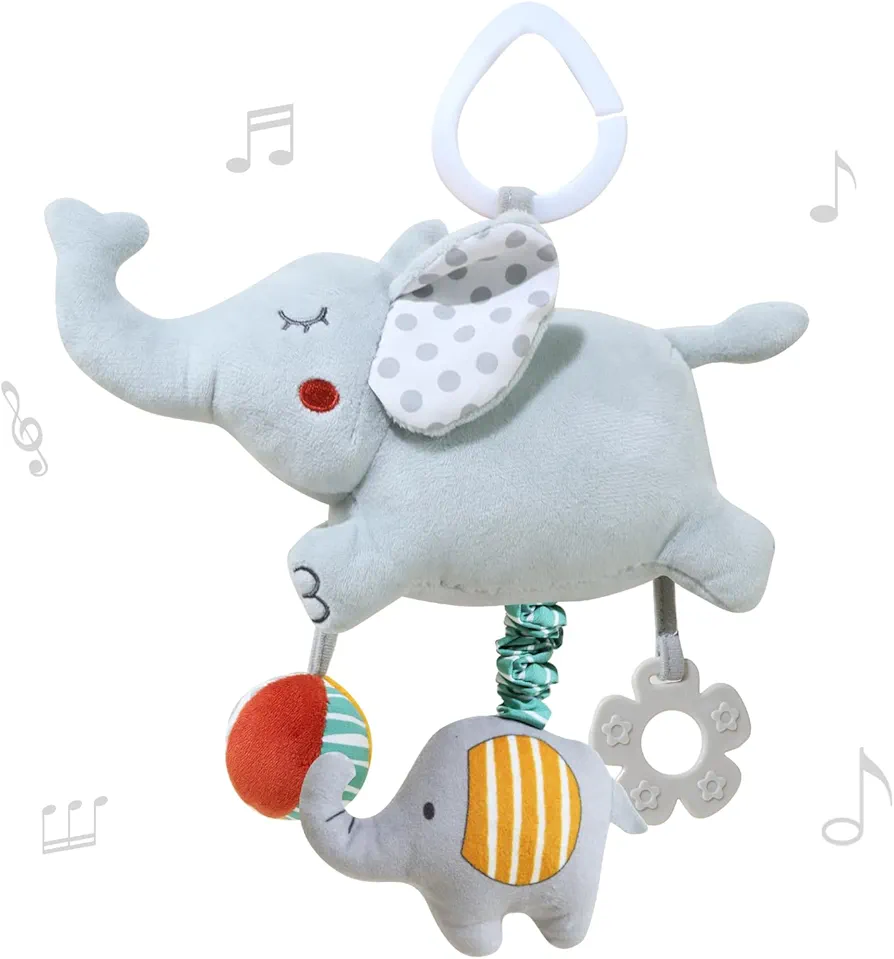 Baby Car Seat Toys For Babies 0-6 Months Musical Learning Toddler Stroller Toys 6 To 12 Months Soft Sensory Developmental Crib Toys Hanging With Infant Teethers For Newborn Boy Girl Gift(elephant)